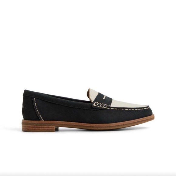 Sperry Shoes - SPERRY Seaport Suede Penny Loafers, color Black/White, size 8.5.